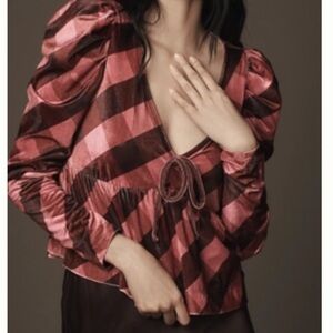 NWT Anthropologie Maeve Checkered Pink Shirt with Puff Sleeves Size S